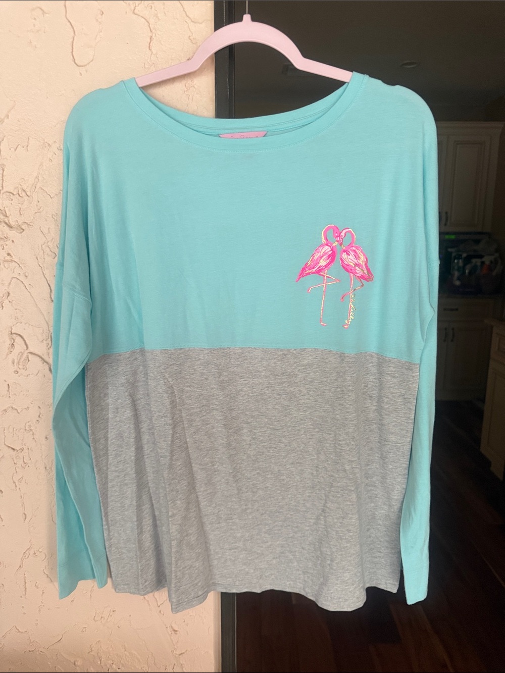 Lilly Pulitzer Aqua & Pink Flamingo Colorblock Long Sleeve Tee